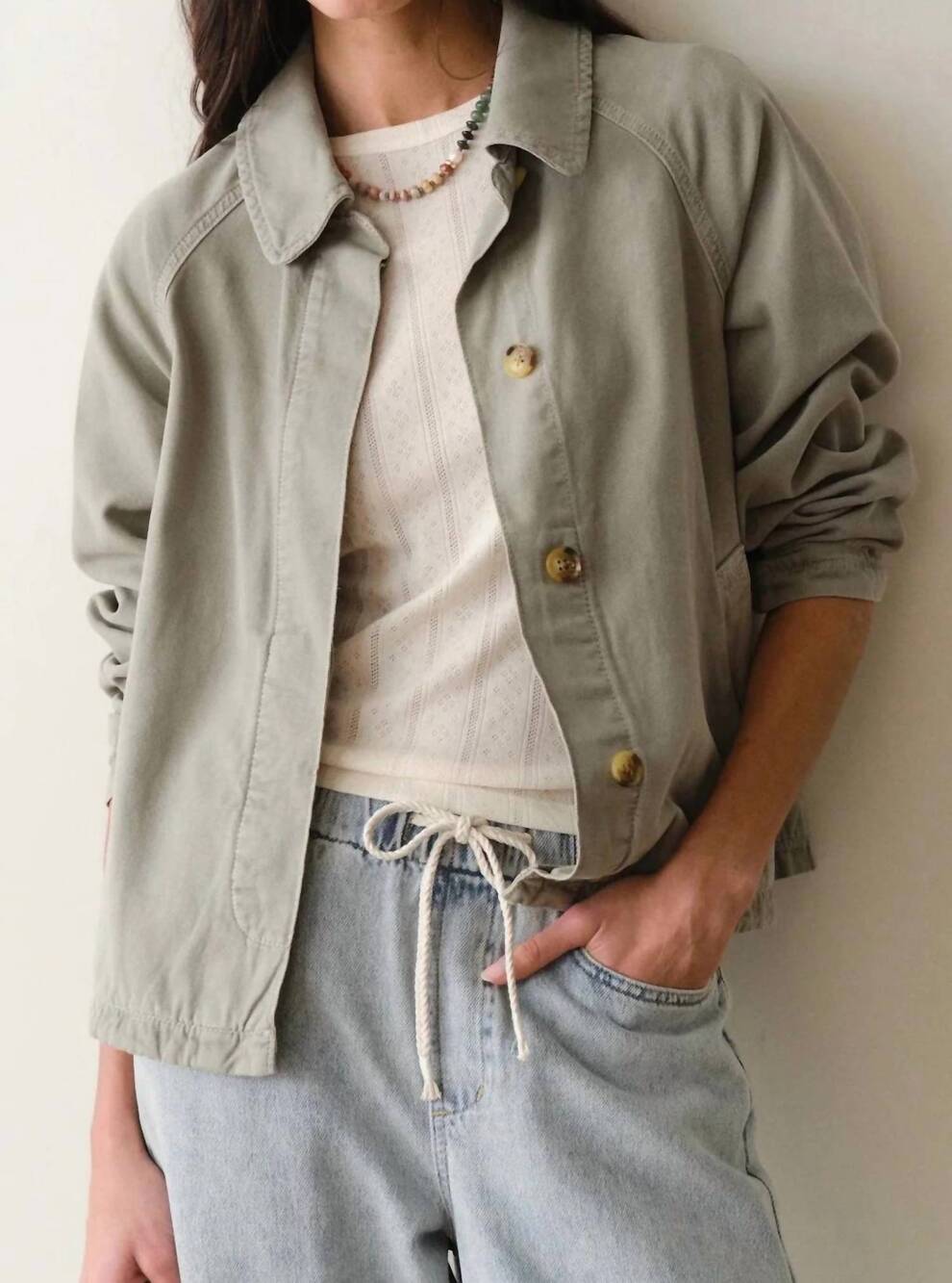 NEW MARINE LAYER olivia cropped trench coat in sage